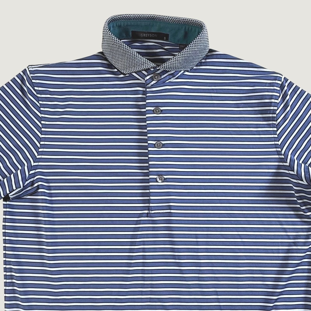 Greyson Polo Shirt Mens Small Striped Performance Short Sleeve Blue